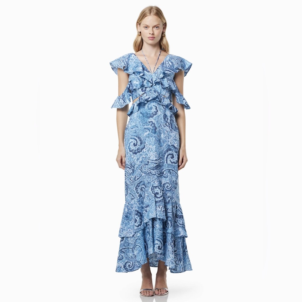 Elliatt SNOW PRINTED LINEN MAXI GOWN IN BLUE, NWT, Small